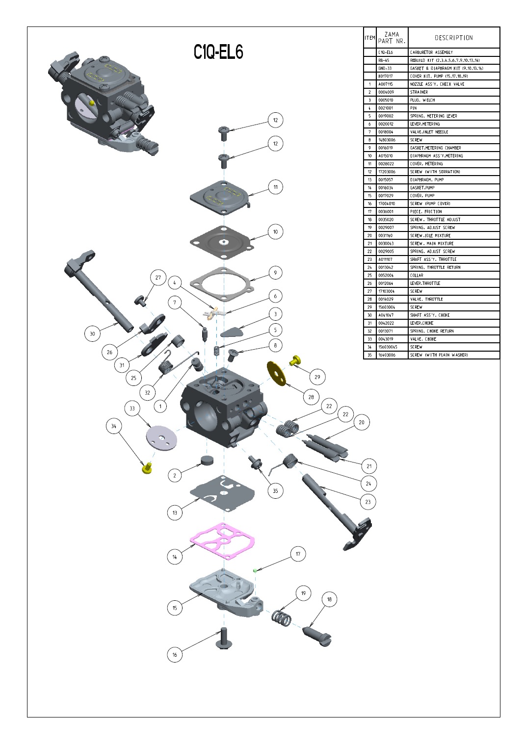 Carburetor Kit for Zama C1Q-S75, A; C1Q-S76, A; C1Q-77, A; C1Q-S84, A-B;  C1Q-S85, A-B; C1Q-S86 RB-105